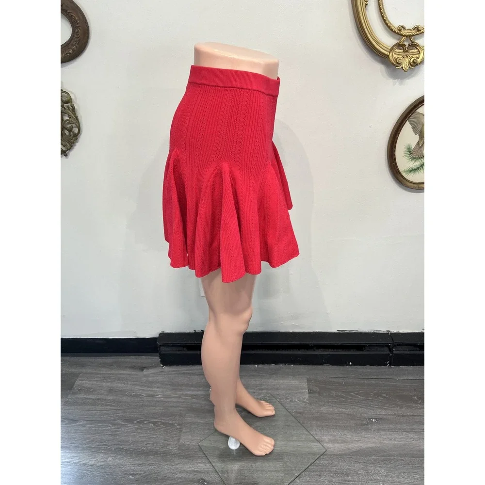 LoveShackFancy Meryl Red Ribbed Pointelle Knit Flared Skater Mini Skirt Size S